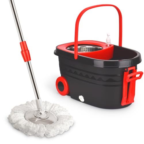 Mop and Bucket Set with Wringer, Stainless Steel Mop Bucket with Wheels, 3 Pcs Microfiber Replacement Mop Heads, Spin Mop and Bucket System, 61 inches Telescopic Mop Handle Floor Mop