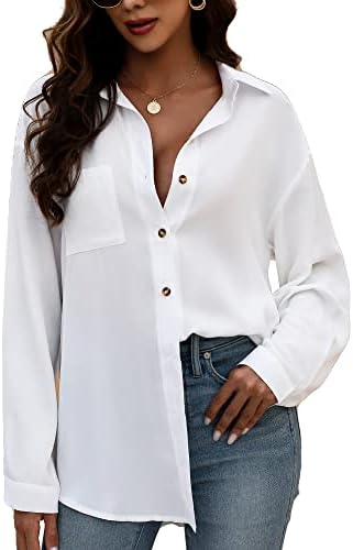 KYLELOVE Women Oversized Button Down Shirts Dressy Casual Long Sleeve Work Blouses Loose Fit Summer Tops White