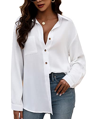 Kylelove Women Oversized Button Down Shirts Dressy Casual Long Sleeve Work Blouses Loose Fit Summer Tops White #TOP3