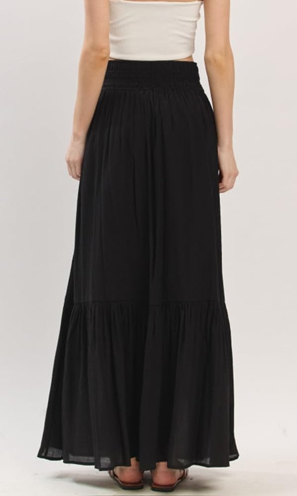 Summer Long Maxi Smocked Skirt for Women Casual Boho Beach Button Accent High Waist Tiered Split Skirt with Pockets - Image 3