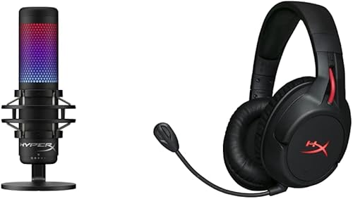 HyperX QuadCast S - Micrófono de condensador USB RGB para PC, PS4, PS5 y Mac y vuelo en la nube, auriculares inalámbricos para juegos, batería de