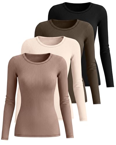 Neer 4 Pack Women's Ribbed Long Sleeve Shirts, Cotton Crew Neck Slim Fit Tops Stretch Knit Casual Base Layer Basic Tee Shirts2