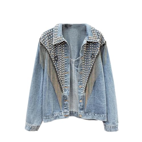 Vsadsau Women Rivet Tassel Denim Jackets Loose Long Sleeve Short Outerwear Jean Jacket Coat Streetwear
