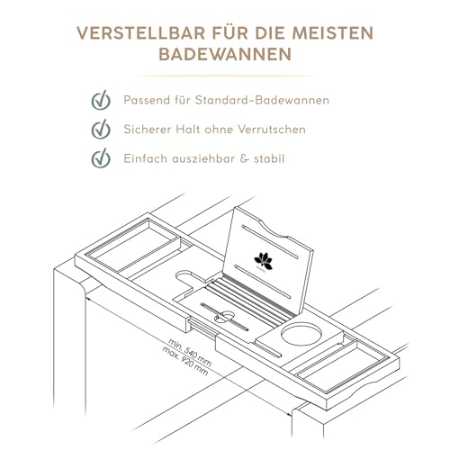 Badewannenablage ausziehbar aus Bambus 70–105 cm – Badewannenbrett mit Tablet- & Buchhalter + Touchscreen-Stift – Badewannentablett verstellbar mit Weinglashalter – Spa Badewannen Zubehör