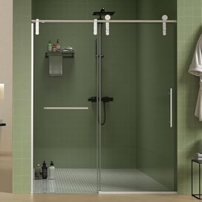 56-60" W x 70" H Frameless Shower Doors, Sliding Glass Door with 5/16" (8mm) Clear SGCC Tempered Glass, Bathroom Door w/Towel Bar, Soft Close & Anti-Jumping System, Stainless Steel, Brushed Nickel