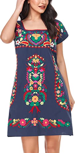 Image of YZXDORWJ Women Mexican Embroidered Dress Ruffle Collar Sleeveless