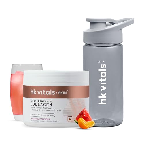 Image of hk vitals Marine Collagen Supplements Powder (Mixed Fruit, 100g) & Sipper Bottle (Grey, 300ml) Combo Pack | With Vitamin C & E | For Healthy Skin, Hair & Nails