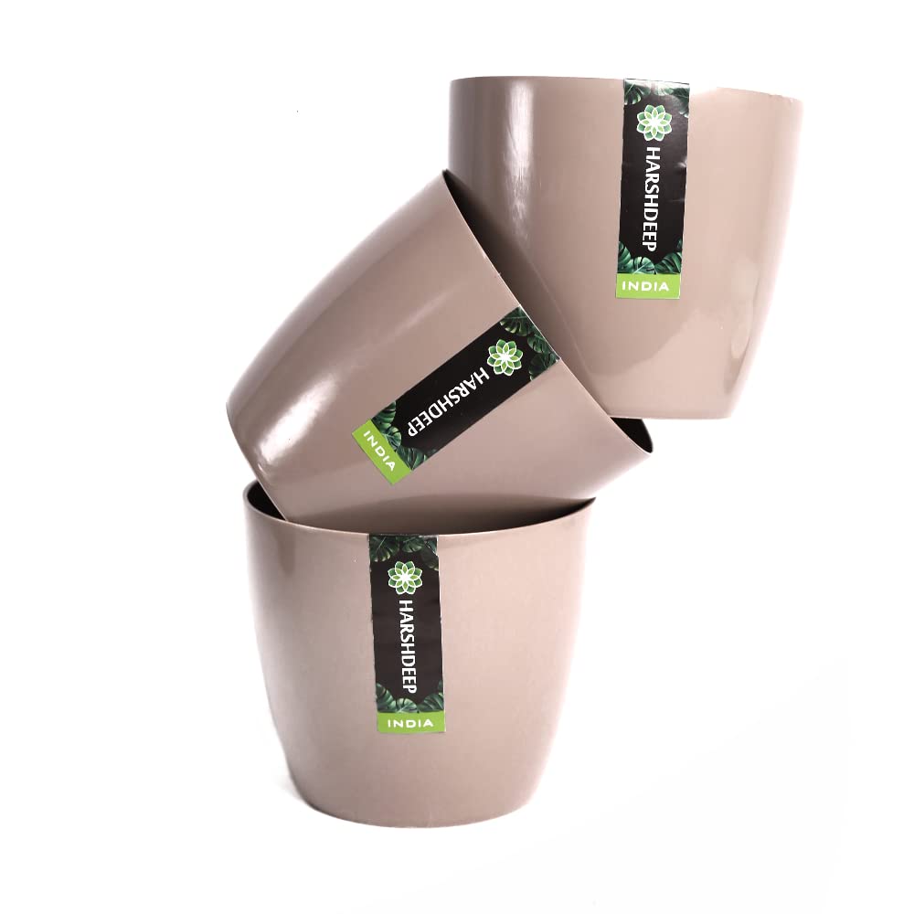 HARSHDEEP-Valencia-Indoor Outdoor Home Garden Decorative Round Plastic Plant Pots, Planters 7.8 Inch Set of 3 (Mocca)