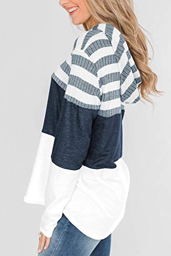 Goldpkf Women Ladies Fall Color Block Striped Tunic Hoodie Lightweight Soft Patchwork Pullover Hooded Sweatshirts Knit Tops Work White Medium #TOP5
