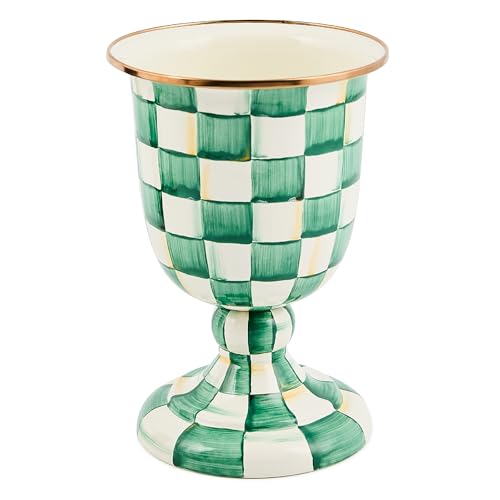 MACKENZIE-CHILDS Enamel Pedestal Vase, Green-and-White Emerald Check