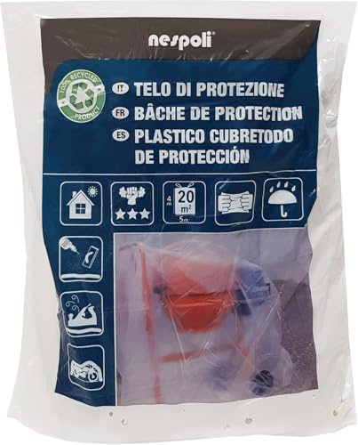 Nespoli Plástico Cubretodo Reciclado, Resistencia Extra Fuerte, 4x5 m, 20 m2, Resistente al Desgarro, Grosor, Duradera, Protección de Polvo, Suciedad, Obras Pintura, Uso en Interiores y Exteriores