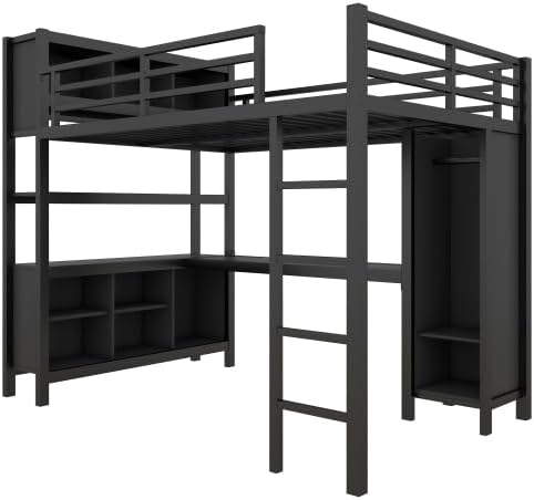 Bellamave Metal Loft Bed with Wardrobe and L-Shaped Desk, Full Size Loft Bed with Storage Cubes and Shelves, Heavy Duty LoftBed for Kids Teens Adults, Black