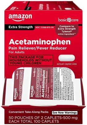Amazon Basic Care Extra Strength Acetaminophen Caplets 500 mg, Pain Reliever and Fever Reducer, 50 Pouches of 2 Caplets Each, Total 100
