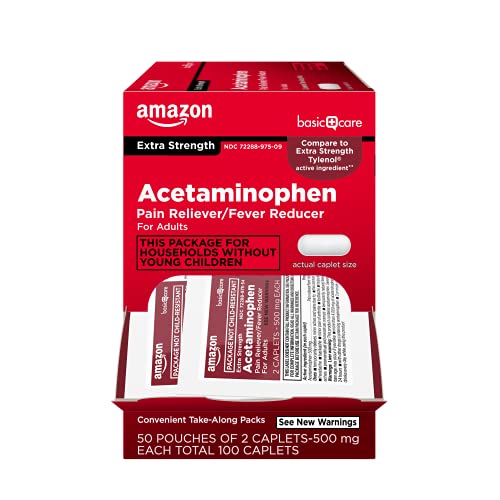 Amazon Basic Care Extra Strength Acetaminophen Caplets 500 mg, Pain Reliever and Fever Reducer, Gentle on Stomach, For Arthritis Pain, Backache Pain and More, 50 Packets of 2 Capsules Each, 100 Count