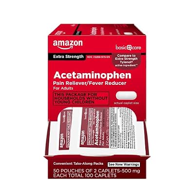 Amazon Basic Care Extra Strength Acetaminophen Caplets 500 mg, Pain Reliever and Fever Reducer, Gentle on Stomach, For Arthritis Pain, Backache Pain and More, 50 Packets of 2 Capsules Each, 100 Count
