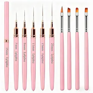 9Pcs Nail Art Brushes Set, 5 Pink Art Liners & 4 Multi-Shape Gel Brushes