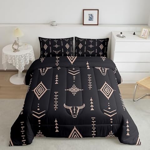 Erosebridal Bull Skull Comforter Set Full Boho Bedding Ethnic Horns Bedding Comforter Sets Black Brown Tribal Symbol Mysterious Aztec Room Decor Abstract Geometric Duvet Insert for Men Boys Cover