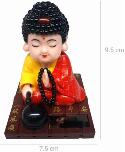 Image of Solar Powered Buddha Bobblehead Decorative Showpiece 9.5 cm | Dancing Buddha Dashboard Toy for Car Office Desk Home Decor | Automatic Solar Energy Moving Figurine (Red)