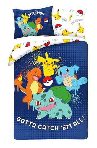 Ropa de cama infantil reversible con certificado Öko-Tex, funda nórdica de 140 x 200 cm y funda de almohada de 70 x 90 cm, Pokemon con Pikachu, Glumanda, Escarabajo espada y Bulbizarr,