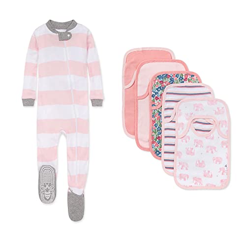 Burts Bees Baby baby girls Zip-up Footed Sleeper Pj & Set of Bibs Bundle 100% Organic Cotton Gifting Pink Elephants 24 Months US