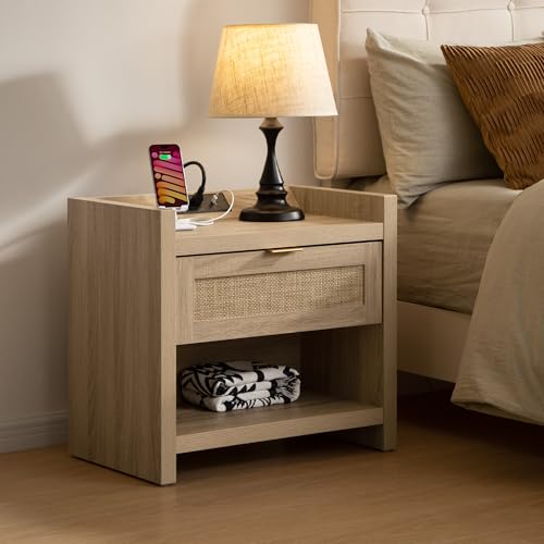 Image of SICOTAS Rattan Nightstands Set of 2 Bedside Table - Boho Night Stand with Type-C Charging Station, Wicker Decor Drawer Storage End Table Night Stands for Bedroom - Light Oak