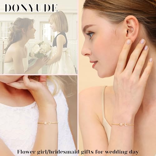 Bridesmaid Proposal Gifts Initial Bracelet for Women with Flower Pearl Bracelets for Teen Girl with Letter 14k Gold Plated Bracelet with Floral Adjustable Wedding Flower Girl Gift Junior Bridesmaid Bracelets Jewelry 6