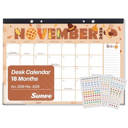 SUNEE Desk Calendar 2027, 17"x 12", 18 Month Calendar Oct. 2026 - Mar. 2028, Desktop Calendar with 308 Planner Stickers, Calendar 2027 With Notes, for Planning, Organizing in Family, School or Office, Cute