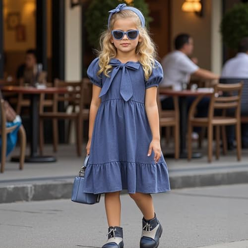 Little Bitty Girls Denim Princess Dress Navy Blue Puff Sleeves Cotton Blend Bow Ruffle Hem Cute Party Dress 2-6 Years Old3