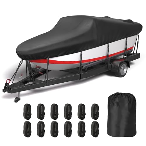 MOFCOVER 20-22ft Boat Cover, 600D Oxford Anti-UV & Waterproof Boat Cover for V-Hull, Tri-Hull, Runabout, Fishing Boat with 12 Tie-Down Straps, Storage Bag, Black