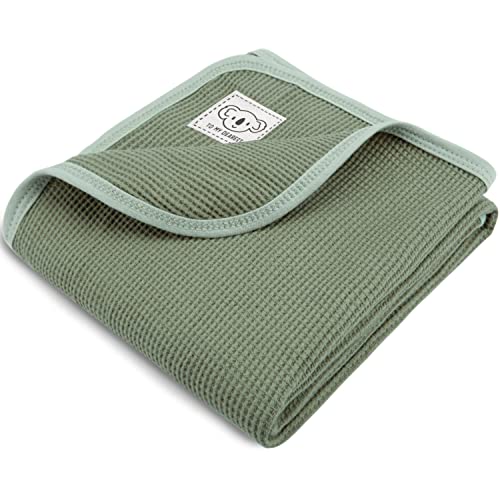 Image of HOMRITAR Waffle Baby Blanket for Unisex Soft and Breathable 100% Cotton Blanket with Koala Design Baby Gift for Newborn Toddler 30 x 30 Inch Green