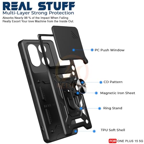 Image of Armor Bumper Back Cover Case for OnePlus 15 5G Rotating Camera Cover, Ring Holder & Kickstand | Heavy Duty & 360 Degree Protection OnePlus 15 5G Back Cover (Black)