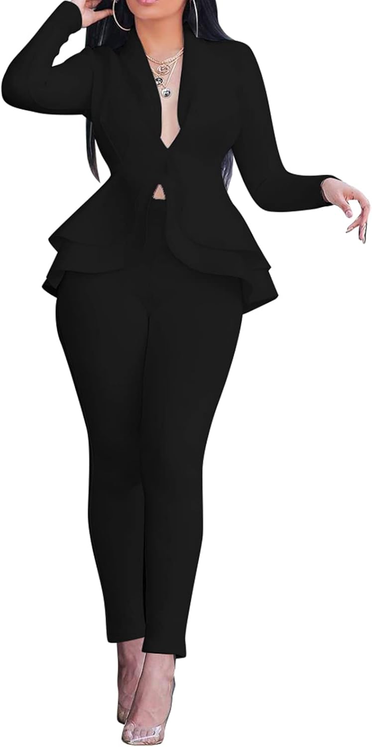 Women's Two Piece Outfits Sets Long Sleeve Deep V Neck Ruffle Pelplum Blazer Slim Fit Bocycon Long Pants Business Suit Set
