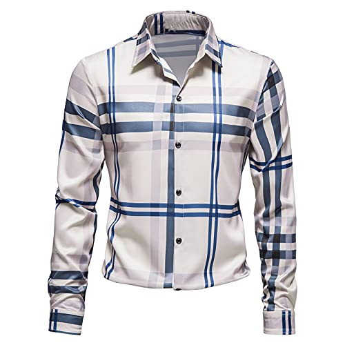 Dress Shirts for Men Regular Fit Casual Long Sleeve Pinstripe Printed Shirts Fall Breathable Wild Blouse for Daily Wear Beige