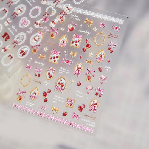 Image of Strawberry & Bow Nail Stickers for Nail Art - Retro Frame Design 5D Embossed Self Adhesive Nails Decals for Women Manicure DIY Decoration Accessories Supply Charms (1 Sheet)