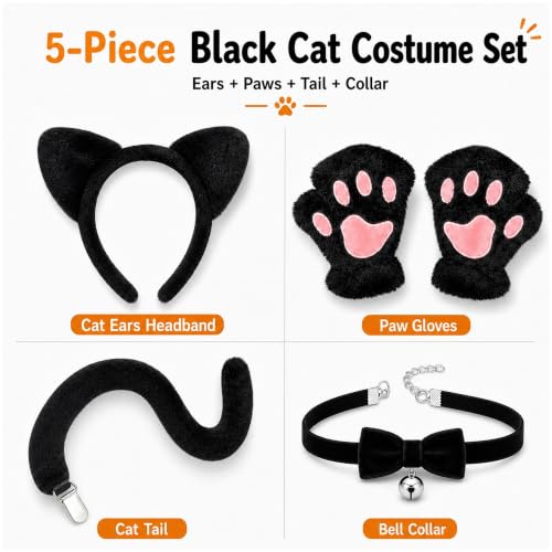 CaeyBrye Black Cat Costume Accessories Set, 5-Piece Cat Ears Headband Tail Paw Gloves and Bell Collar, Halloween Cosplay Costume Kit for Women Adults - image 2