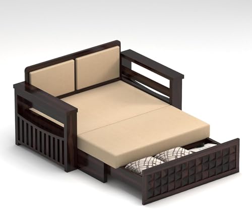 Image of Wooden Sofa Cum Bed | Sheesham Wood Sofa Bed for Living Room | Handmade Heavy Duty Foldable Sofa Cum Bed with Mattress Option | Traditional Modern Design (Allis Walnut)