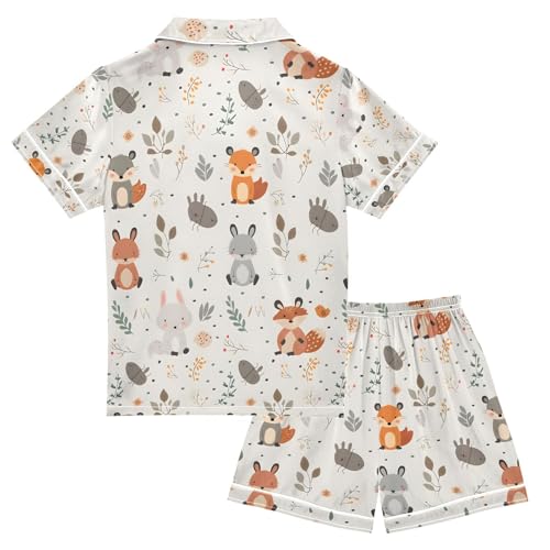ALAZA Fox Rabbit Squirrel Leaves Pajamas Satin Pajama Set Short Sleeve Button Down Sleepwear2