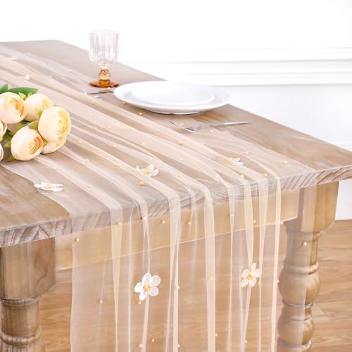 Tulle Pearl Table Runner Flower 3D 10ft Wedding Veil Champagne Dessert Tablecloth Chiffon Pearl Lace Boho Glitter Sequins Overlay Wedding Aisle Runner Diamonds Party Decorations Doilies