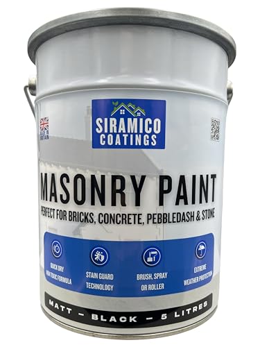 SIRAMICO COATINGS Masonry Paint | 5 Litres | Waterbased ECO Resin Technology | 7 Luxury Colours | Smooth Matt Finish for outdoor masonry protection | 10 Year Colour Guarantee (BLACK)