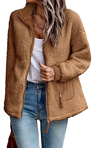 Cctoo Women's Sherpa Fleece Jackets Casual Long Sleeve Open Front Zip Up Lapel Jacket Fuzzy Coat Faux Fur Outwear Camel Small #TOP28