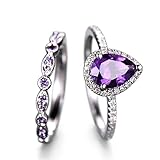 Sdouefos 2Pcs Womens Purple CZ Engagement Rings 925 Sterling Silver Shining Amethyst Ring Tear Drop Shape Cubic Zirconia Promise Rings Set(US Code 7)