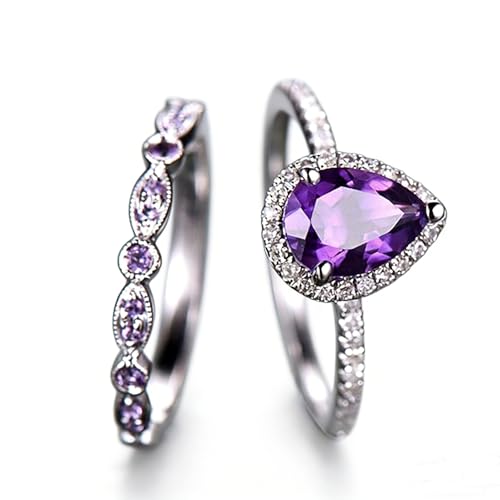 Sdouefos 2Pcs Womens Purple CZ Engagement Rings 925 Sterling Silver Shining Amethyst Ring Tear Drop Shape Cubic Zirconia Promise Rings Set(US Code 7)