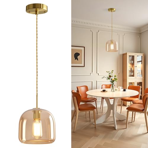 Aulaiyi Modern Pendant Light–Brass Kitchen Island Pendant,Farmhouse Gold Pendant with Amber Glass Shade,Hanging Light for Dining Room,Kitchen Island,Living Room,Bar&Coffee Shop