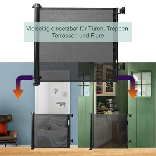 Relaxdays Türschutzgitter, ausziehbares Türschutzrollo bis 3 m, Bohrmontage, Kinderschutz, Treppenschutzgitter, schwarz