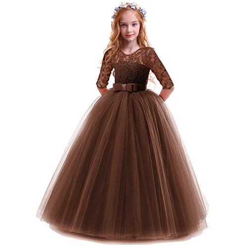 IBTOM CASTLE Pageant Princess Dress for Girl,Baby Toddler Kids Flower Maxi Dress Embroidery Tulle Lace Bridesmaid Dress Long A Line Formal Dance Evening Ball Gown Brown 7-8 Years