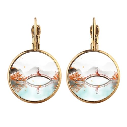 Boucles d'oreilles chinoises or clip pendantes aquarelle automne femme