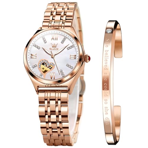 OLEVS Automatic Watch for Women Mechanical Ladies Watch Stainless Steel Self-Winding Diamond Heart dial Waterproof Luminous Wrist Watch White