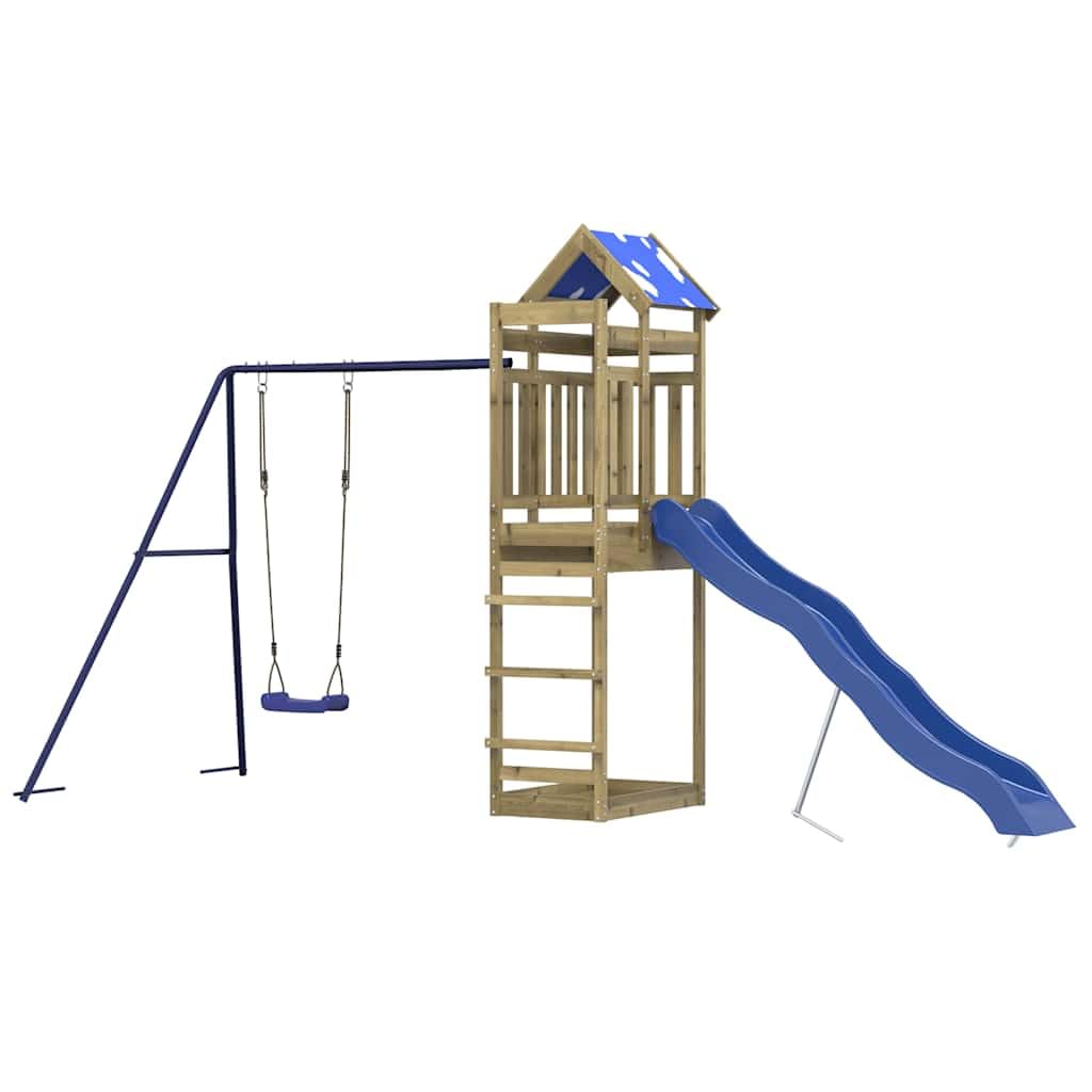 Torre da gioco in legno di pino impregnato con scivolo ondulato, altalena, sabbiera e tetto, per bambini, giardino, esterni, casetta per bambini