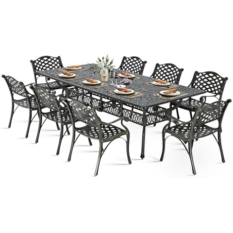VIVIJASON 9-Piece Outdoor Dining Set, Cast Aluminum Retro Patio Furniture Table and Chairs Set for 8, Include Large 94.5" Rectangular Dining Table and 8 Chairs with Umbrella Hole for Deck Porch Cover