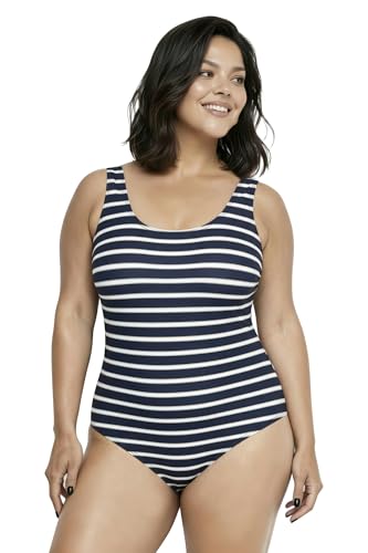 Ulla Popken Bañador, Rayas horizontales, sin Rellenos Blandos, Cuello Redondo Azul Oscuro 42+ 847205750-42+
